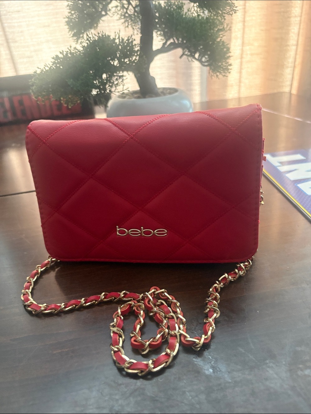 bebe Quilted Red Crossbody with Gold Chain